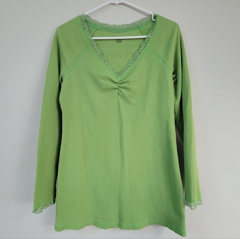 Massini V Neck Y2K Lace Detail Strech Women's Size M Tee Green Long Sleeve
